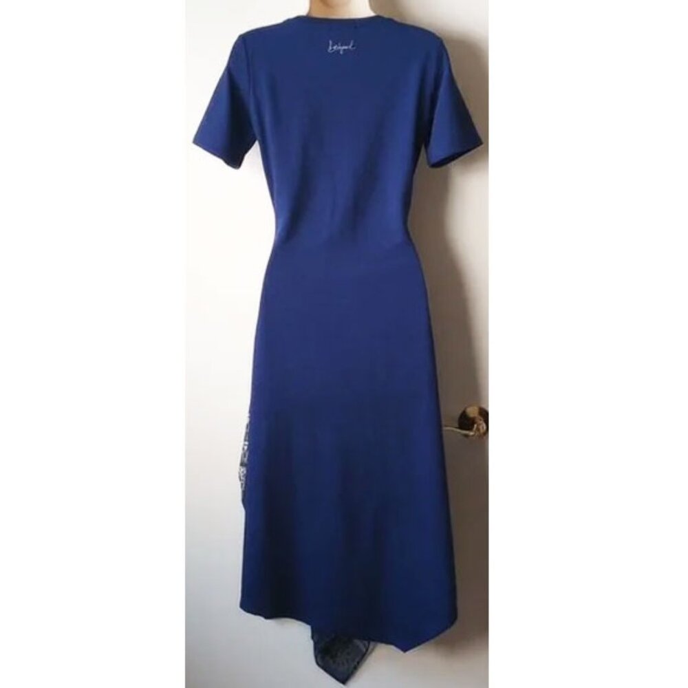 Desigual Asymmetrical Short Sleeve Rib-Knit Handkerchief Midi Dress M Blue - Picture 2 of 7